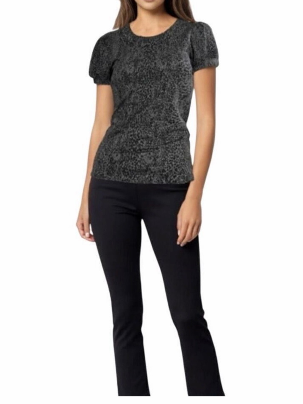 Diane Von Furstenberg Gray Leopard Print Shimmer Short Puff-Sleeve Top Size S
